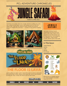 Jungle Safari (1) A vibrant newsletter page with a jungle safari theme, featuring tents, plants, and animal illustrations. Highlights include a tent setup, “The Floor is Lava” game, and a section on safari activities for kids.