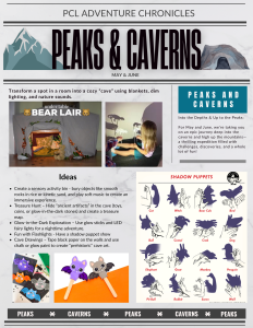 Jungle Safari (2) A newsletter titled "Peaks & Caverns" features kid-friendly activities like building a blanket cave, making bear lairs, shadow puppets, and crafting prehistoric caves, alongside photos and illustrated icons of peaks and caverns.