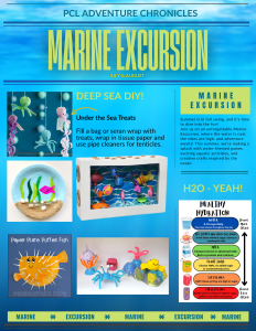Marine Excursion A colorful newsletter titled "Marine Excursion" features DIY sea crafts, a decorated paper plate fish, an underwater jar craft, hydration tips, and a list of fun summer marine activities for kids.