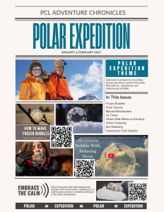 Polar Expedition Magazine cover titled "POLAR EXPEDITION" featuring two people in winter gear, a polar bear, a bird on snow, and a steaming drink. QR codes and article headlines highlight Arctic exploration and relaxation tips.