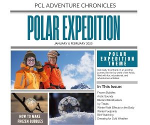 Newsletter cover for "POLAR EXPEDITION" with two people in winter gear, icy landscape, frozen bubbles, and a title about Arctic adventures. Issue highlights include icy treats, bird watching, and tips for cold weather.