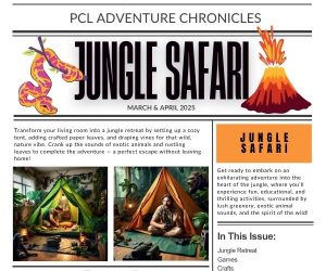 Newsletter titled "Jungle Safari" with images of people in a tent surrounded by jungle plants, tropical vines, and an erupting volcano graphic. Text highlights an adventure theme for kids with crafts and games.