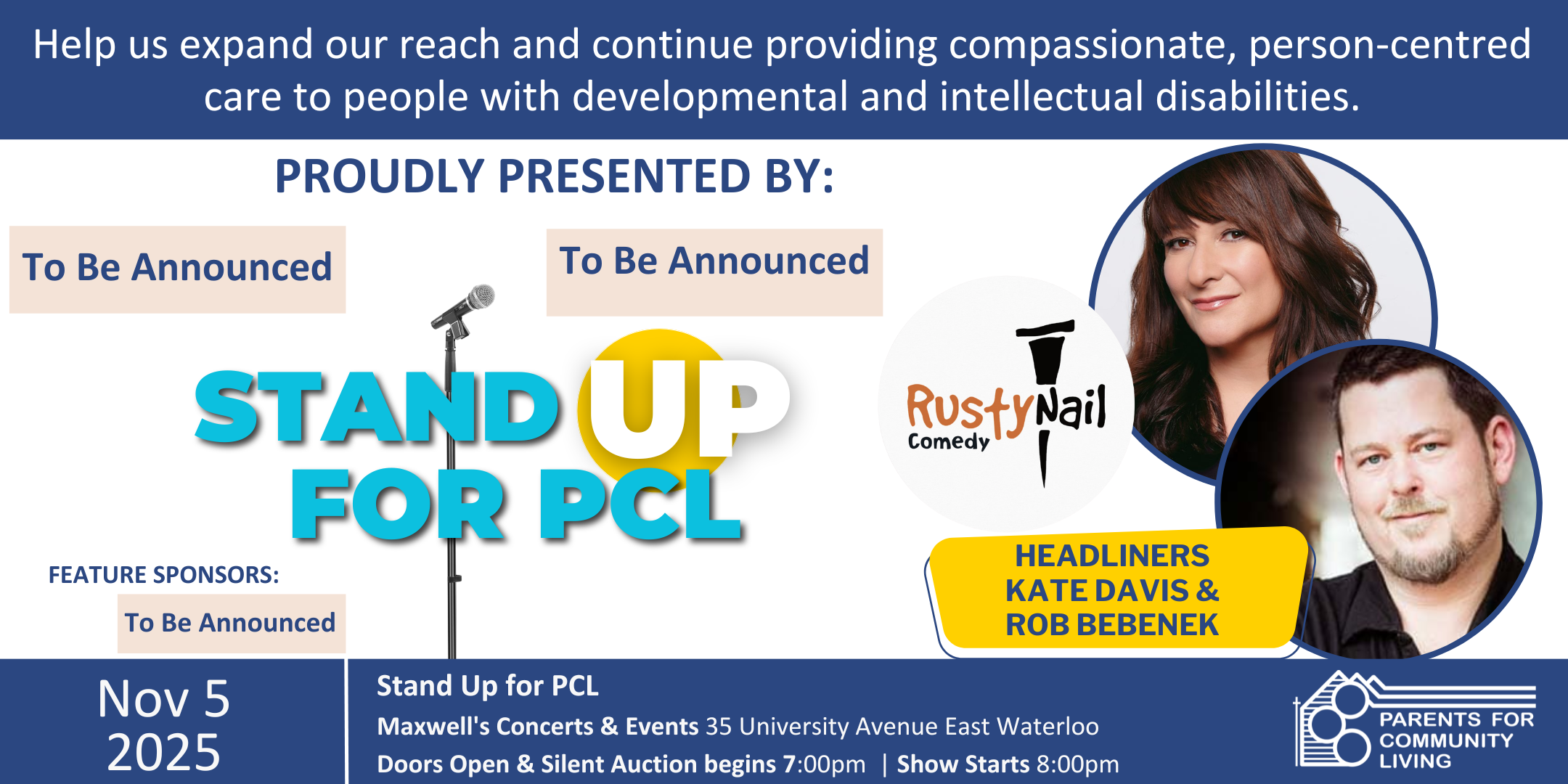 Website Lrg Image 2160 x 1080 (2) Promotional image for "Stand Up for PCL" comedy event on Nov 5, 2025, featuring headliners Kate Davis and Rob Bebenek. Event supports people with developmental and intellectual disabilities. Sponsors TBA.