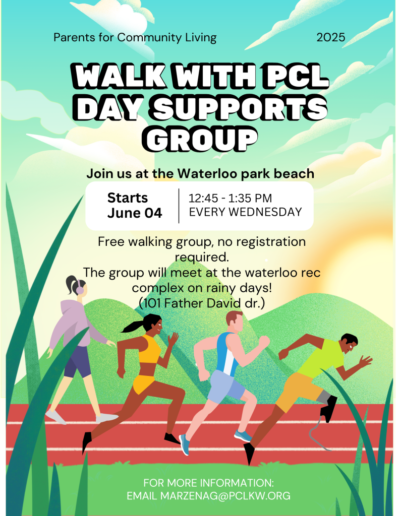 A colorful flyer with runners in a park promotes "Walk With PCL Day Supports Group" at Waterloo park beach, starting June 4, every Wednesday, 12:45–1:35 PM. Contact and location details are included.