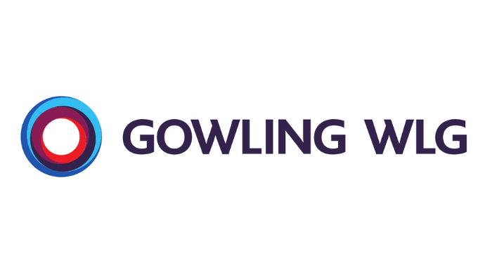The image shows the Gowling WLG logo, featuring a circular design with blue, red, and white rings to the left of the bold, dark purple text "GOWLING WLG" on a white background.
