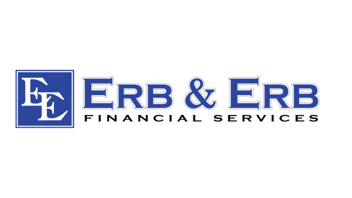 Logo for "Erb & Erb Financial Services" with two stylized "E" letters in a blue square on the left, followed by the company name in blue and black text on a white background.