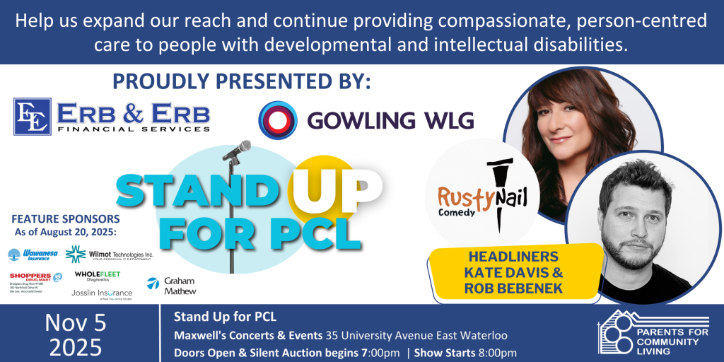 Promotional banner for “Stand Up For PCL,” a comedy fundraiser featuring headliners Kate Davis and Rob Bebenek. Event details and sponsor logos are displayed, with the date, Nov 5, 2025, at Maxwell’s in Waterloo.