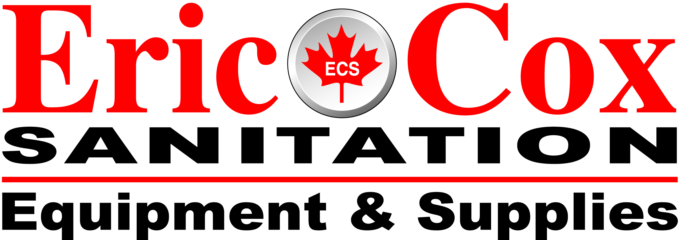Logo for Eric Cox Sanitation Equipment & Supplies, with "Eric Cox" in large red letters, a maple leaf with "ECS" in the center, and "Sanitation Equipment & Supplies" in bold black text beneath.