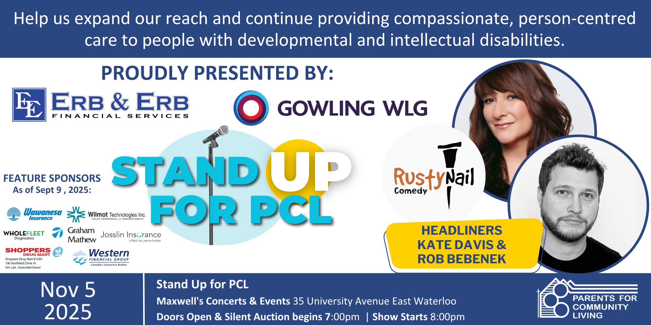 Promotional poster for "Stand Up for PCL," a comedy event headlined by Kate Davis and Rob Bebenek on Nov 5, 2025, in Waterloo, supporting people with developmental and intellectual disabilities.