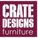 Crate Designs Logo for Crate Designs Furniture. The words "CRATE DESIGNS" are in bold, white, stencil-style capital letters on a maroon background, with "furniture" in lowercase white letters underneath.