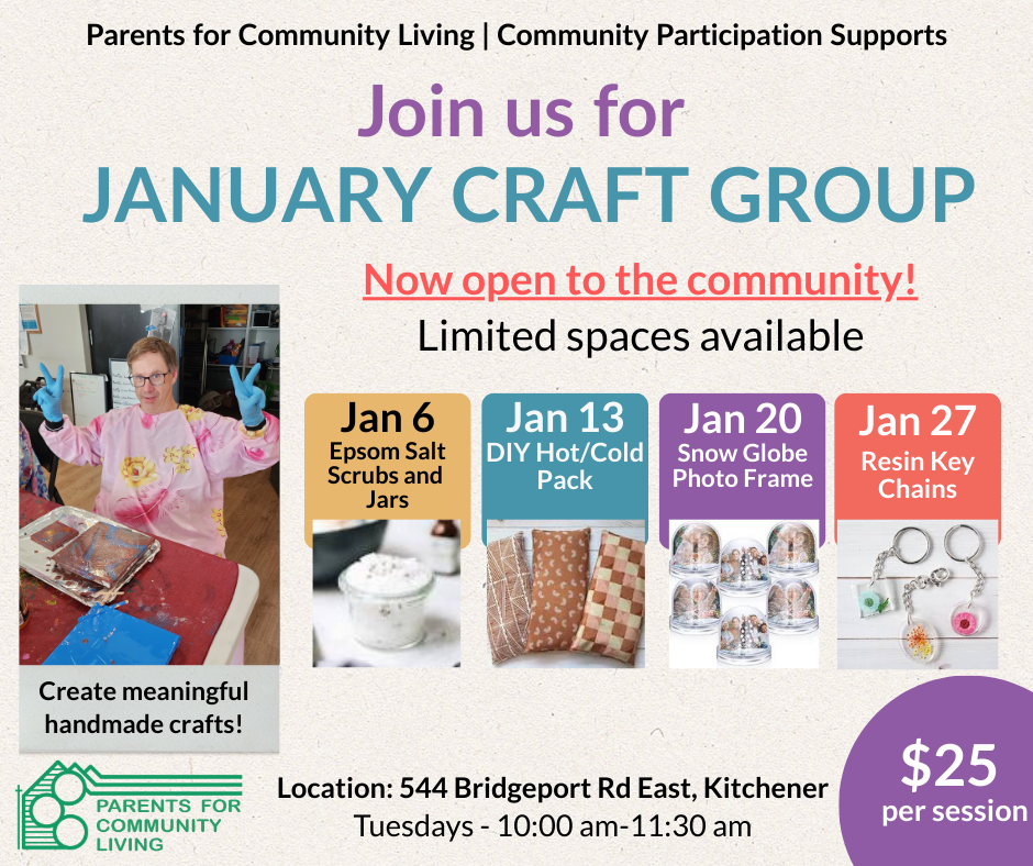 A group of seven smiling adults, some using walkers, hold Easter baskets they made in craft club with stuffed bunnies and eggs, posing together indoors in a bright room.