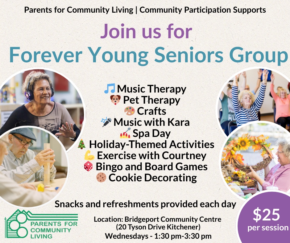 Flyer invites seniors to join the "Forever Young Seniors Group," listing activities like music therapy, crafts, pet therapy, bingo, and more. Includes event details, cost, and photos of seniors participating in activities.
