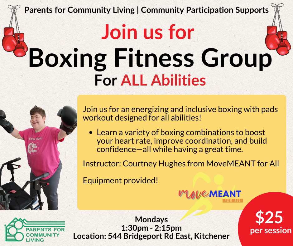 A group of seven smiling adults, some using walkers, hold Easter baskets they made in craft club with stuffed bunnies and eggs, posing together indoors in a bright room.