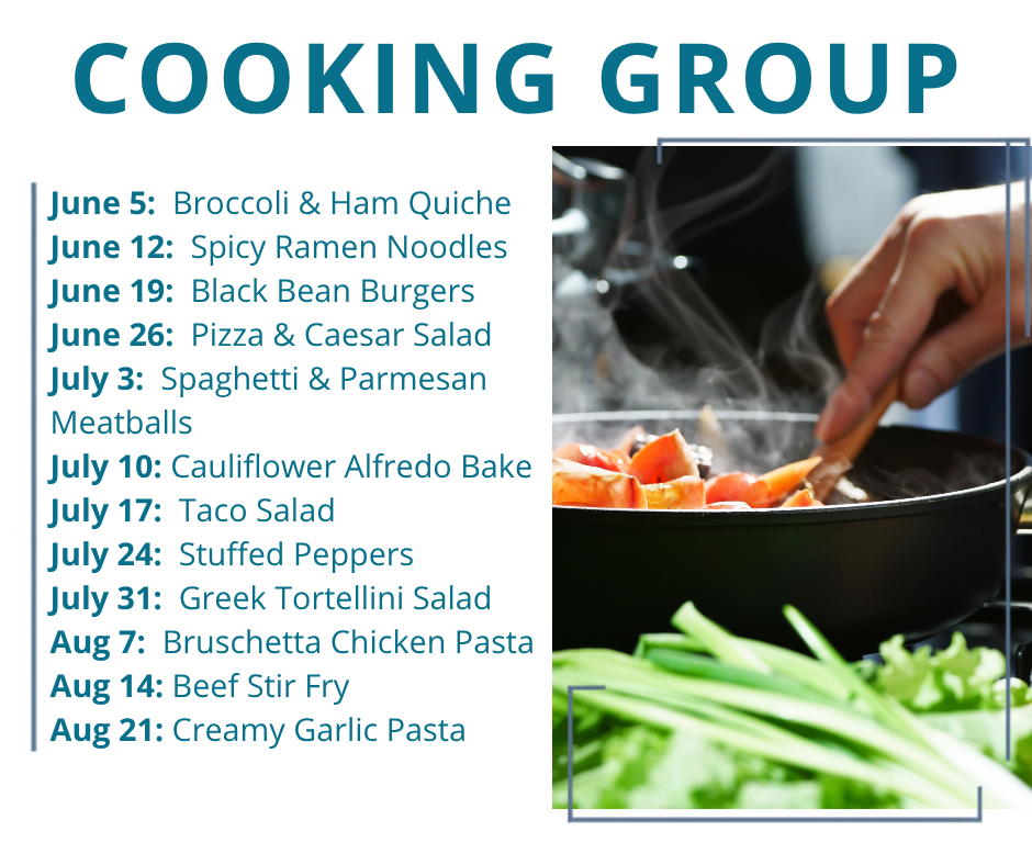 _PCL Services (2) Poster titled 'Baking Group' with a left-aligned schedule listing monthly baking dates and recipes: June 1 Zucchini Bread; June 8 Carrot Cake; June 15 Lemon Bars; June 22 Brownies; June 29 Strawberry Jam; July 6 Lemon Coconut Drop S; July 13 Strawberry Delight; July 20 S'mores Bars; July 27 Blueberry Muffins; August 10 Peach Crisp; August 17 Fruit Pizza; August 24 Rhubarb Dream Sol; August 31 Lemon Crinkle Cook. On the right, a photo of assorted pastries framed with decorative borders.