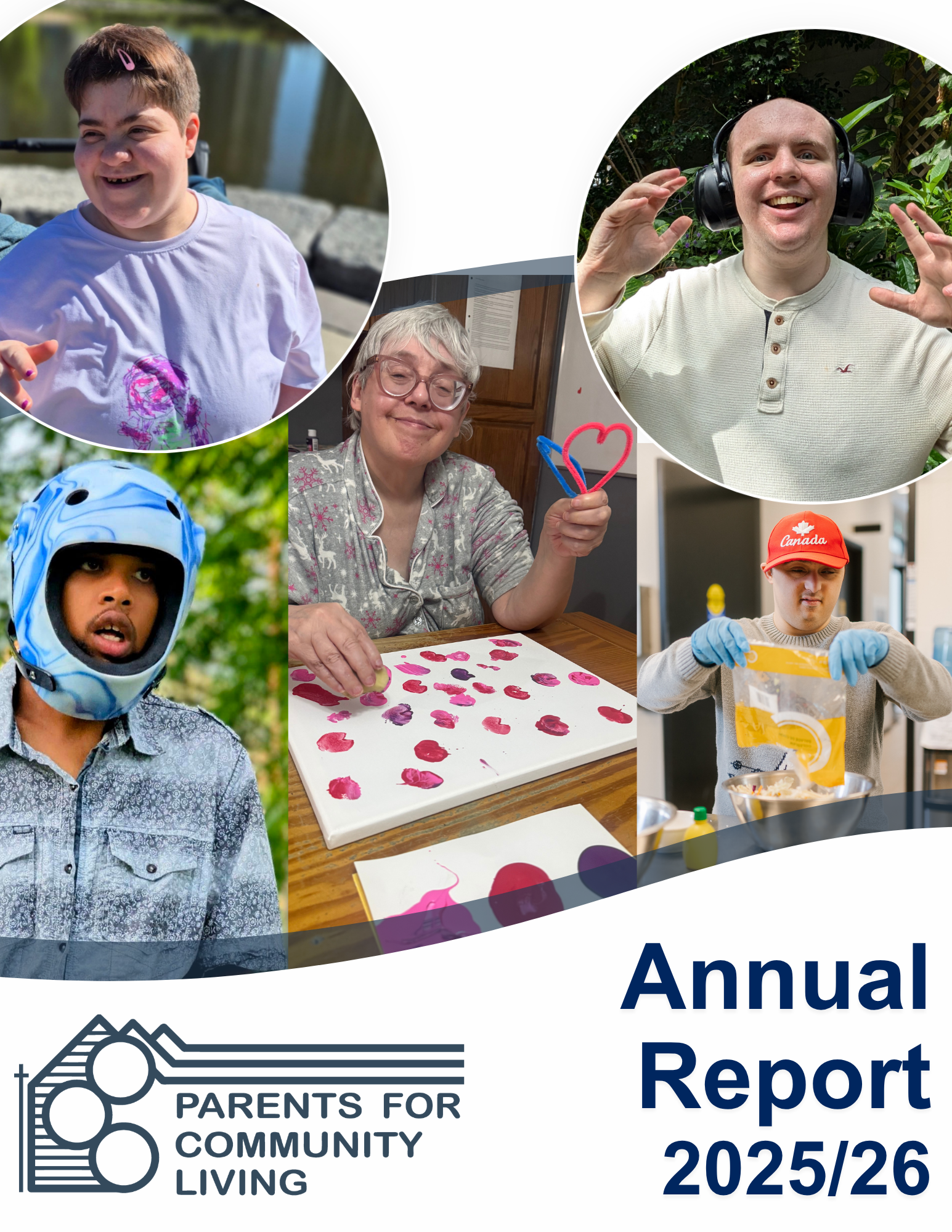 Collage of diverse people smiling and doing arts and activities for a community living annual report, with the 'Annual Report 2025/26' text and a 'Parents for Community Living' logo.
