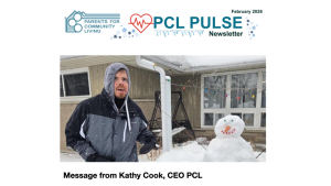 Newsletter header showing PCL Pulse logo and winter-themed graphics above a photo of a man in a gray jacket standing beside a snowman nearby a house.
