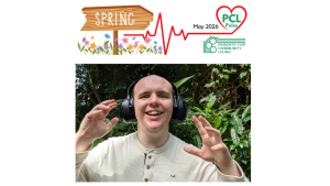 Spring-themed header with logos above a smiling man wearing large over-ear headphones outdoors in a garden.