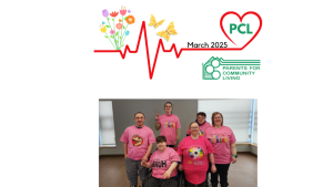 Top banner with a colorful logo featuring flowers and butterflies, 'March 2025' and a PCL heart; below, a group of six people in pink 'Be Kind' shirts pose in a room.